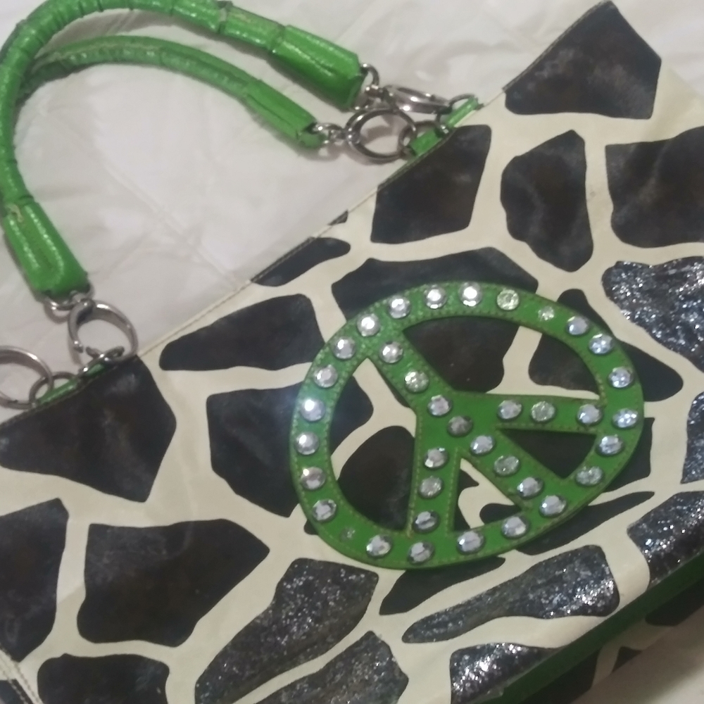Green/Brown Peace Sign Leather Purse